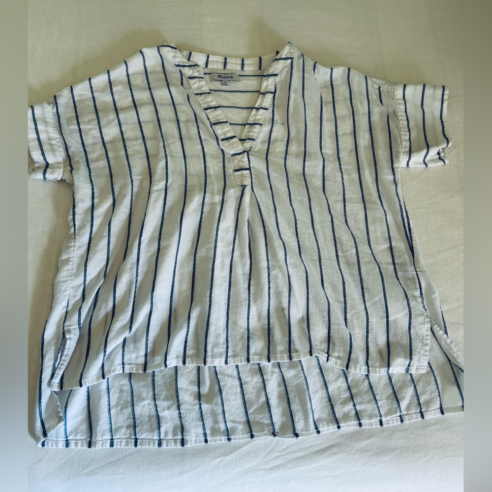 Madewell Blue White Striped Popover Blouse XXS Split Neck Lightweight Top